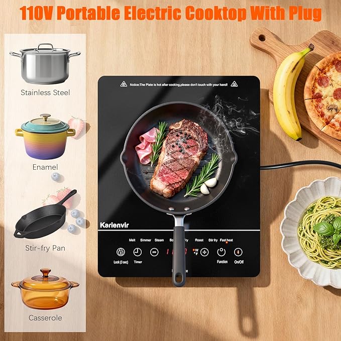 Portable Electric Cooktop 110V, 1800W Single Burner, Touch Control Electric Stove Top with 9 Power Levels, Plug in Cook top Safety Lock & Timer
