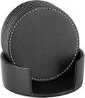 Leather Coasters for Drinks(6 Pack), Handmade Durable Drink Coasters Set with Holder for Tabletop Protection, Luxurious Home Décor and Housewarming Gift (Black)