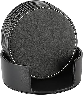 Leather Coasters for Drinks(6 Pack), Handmade Durable Drink Coasters Set with Holder for Tabletop Protection, Luxurious Home Décor and Housewarming Gift (Black)