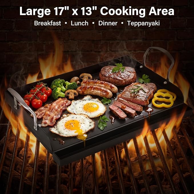 17"x13" Pre-Seasoned Nonstick Cast Iron Griddle for Gas Grill - Universal Flat Top with Grease Groove, Reinforced Ridges & High Sidewalls for Gas/Charcoal, Fits Weber, Charbroil