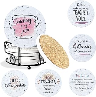 Best Teacher Gifts for Women - Teacher Appreciation Gifts - Absorbent Ceramic Coasters 6pc - Metal Holder & Cylinder Kraft Gift Box Included (Funny)