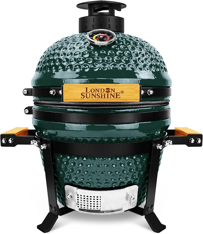 Upgraded 13 inch Ceramic Kamado Grill with Waterproof Air Vent Cap | Portable Tabletop Charcoal BBQ Grill Smoker for Outdoor Cooking, Patio, Camping | Green