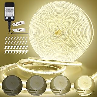 OMIKA 33FT COB Plug in LED Light Strip Outdoor Waterproof, 4000K Natural White 3200 LED Rope Light PVC Casing Tape Light Flexible with Self-Adhesive Timer Dimmable for House Garden Camping DIY