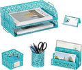 EasyPAG Desk Organizers and Accessories 5 Pieces Office Supplies Set - 2 Tier Paper Tray, Pencil Organizer for Desk, Mail Sorter Countertop, Business Card Holder and Sticky Note Holder, Dark Teal