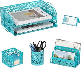 EasyPAG Desk Organizers and Accessories 5 Pieces Office Supplies Set - 2 Tier Paper Tray, Pencil Organizer for Desk, Mail Sorter Countertop, Business Card Holder and Sticky Note Holder, Dark Teal