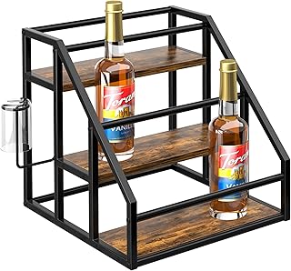 Coffee Syrup Rack Organizer, Spice Racks, Syrup Bottle Holder Stand for Coffee Bar, 3-Tier 12 Bottles Storage Shelves for Syrup, Wine, Dressing for Kitchen Countertop, Rustic Brown & Black