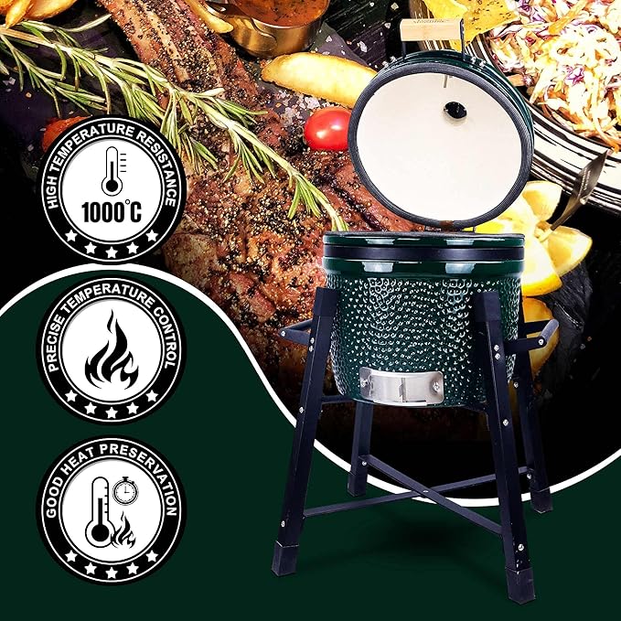 London Sunshine Ceramic Kamado Charcoal BBQ Grill and Smoker, Stainless Steel Grates -15" Ceramic with Tall Stand (GREEN)