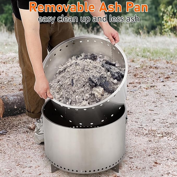 GarveeLife 20.5 in Portable Smokeless Fire Pit with Stand, Handles Design, Stainless Steel Stove Wood Burning, Removable Ash Pan, for Camping, Garden, Backyard