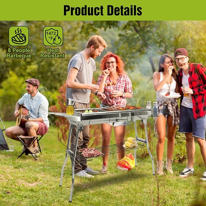 Portable BBQ Grill, Foldable Charcoal Grill Lightweight Smoker Grill for Outdoor Cooking Camping Hiking Picnics Tailgating Backpacking Party (Large gril(39x13.4x28"))