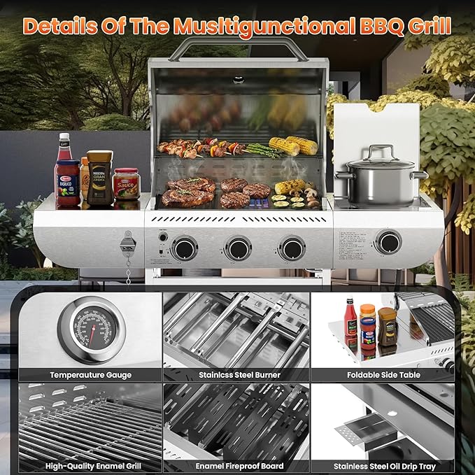 Premium 3-Burner Propane Gas Grill with Side Burner | 34,000 BTU Stainless Steel Outdoor BBQ Grill with Thermometer & Casters for Patio, Camping, Backyard Parties