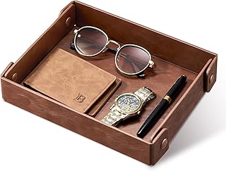 Catch All Valet Tray - EDC Organizer for Key, Wallet, Watch, Jewelry, Phone, coin change | Faux Leather Storage Tray for Dresser, Nightstand, Desk, Entryway, Travel Storage | Brown