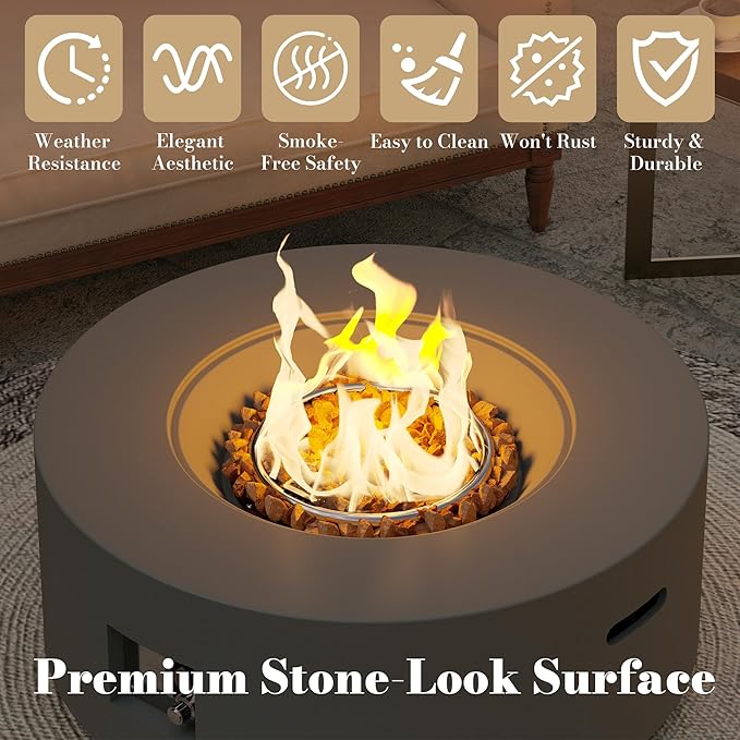 32.5 Inch Propane Fire Pit Table, 50,000 BTU Round Patio Fire Pit Table Outdoor, CSA Certified, Stainless Burner with Steel Lid, Waterproof Cover & Lava Rocks, for Garden Backyard, Gray