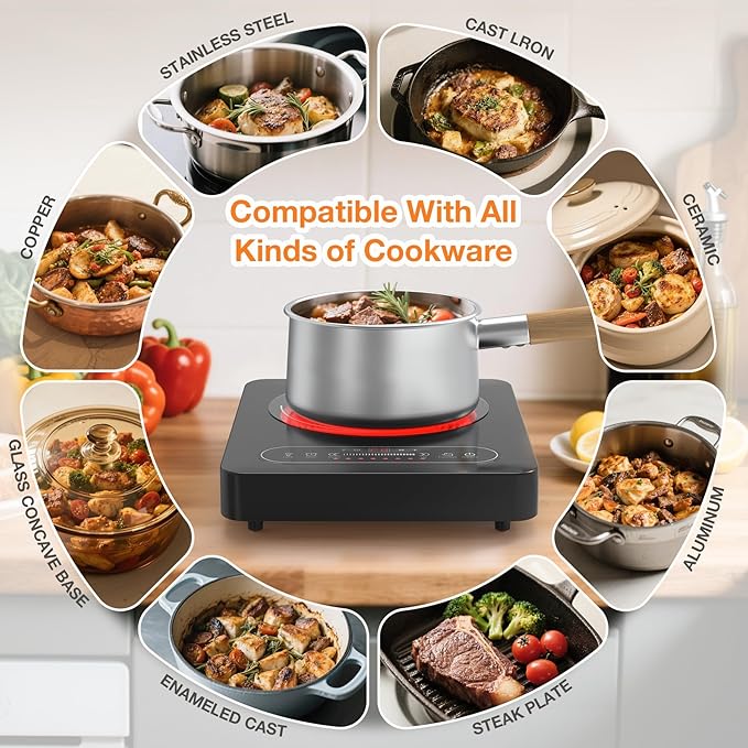Electric Cooktop, 1800W Portable Electric Stove with LED Touch Control, Single Burner Infrared Hot Plate with Child Safety Lock, 99 Timer and Overheat Protection for Dorm Home RV Camping