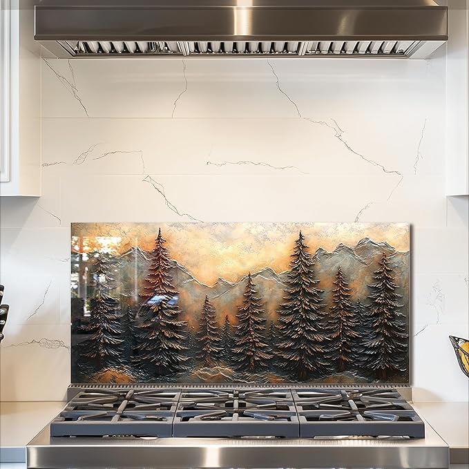 fzxwyishu Tree of Life,Tempered Glass Backsplash For Kitchen Behind Stove,Easy to Clean Kitchen Sink Cover Splash Guard, Home Kitchen Décor (brown, 30"x14"(76.2x35.56cm))