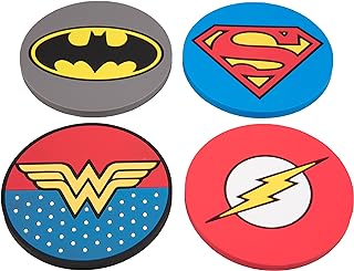 Justice League Super Hero Coasters, Set of 4 - Batman, Superman, Wonder Woman, The Flash - DC Gift for Fans of Movies & Comic Books - Durable PVC Great for Bar, Man Cave, Game Room, Kids, Teens