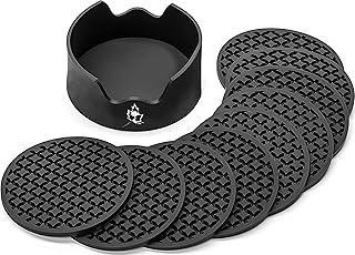 LILLC Set of 9 Silicone Drink Coasters with Holder for Coffee Table, Dining Table Decor - Non-Slip, Leakproof, Heat Resistant, BPA Free, Dishwasher Safe, 4" - Ideal for Home, Kitchen and Bar
