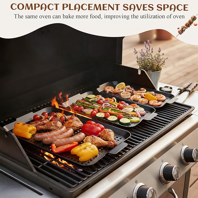 3 Pack Grill Tray for Outdoor Grill Stainless Steel Nonstick Grilling Baskets with Holes and Handles Heavy Duty Perforated Grilling Tray Barbecue Accessories for Vegetable, 2 Size