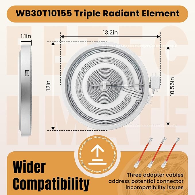 UPGRADE 12 Inch WB30T10155 Range Triple Haliant Radiant Surface Element Compatible with G-E JB7 JS7 CEP CES Series Electric Stove, Replaces WB30T10126 PS8754838 AP5791281 3026597 by Fetechmate
