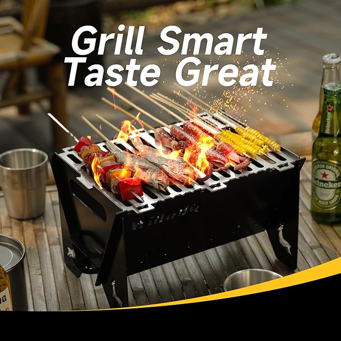 WILLBBQ Charcoal Grills Quality Portable Detachable Folding,Skewers Campfire Grill,Hibachi Backpacking BBQ Grill,Easy Portability For Outdoor Barbecues Camping Picnics Garden Party(15.8x8.5x7.5 inch)