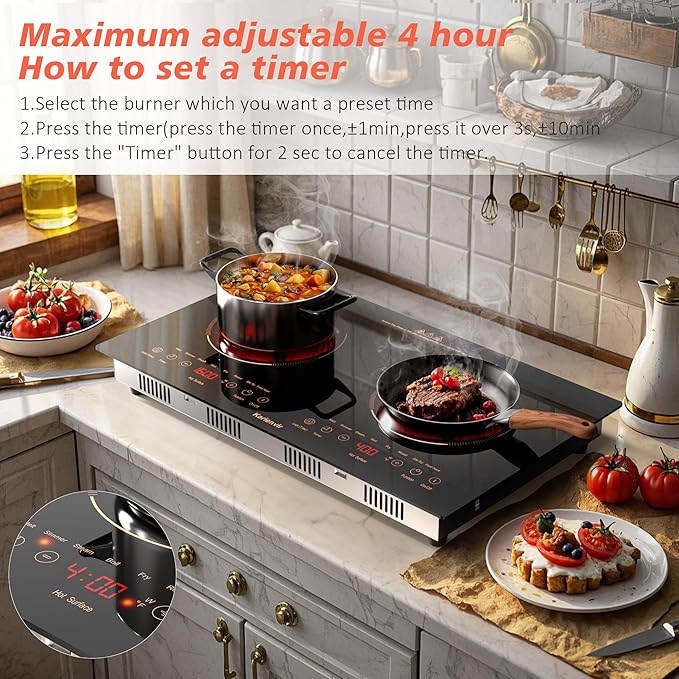 2 Burner Electric Cooktop 110v, 24 Inch Electric Stove Countertop & Built-in, Plug-in Electrics Cooktop, 8 Power Levels & 8 Functions, Touch Control, Safety Lock, Timer, 2000W, Orange