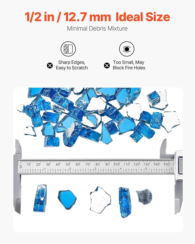 VEVOR Fire Glass, 10 lbs, Pacific Blue, 1/2 Inch High-Temperature Resistant Reflective Glass Rocks, Smokeless Fire Pit Stones for Outdoor Table & Landscaping