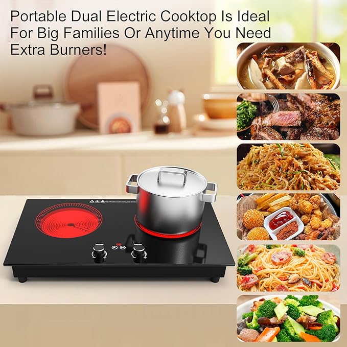 2 Burner Ceramic Cooktop, 2400W 110V Built-in or Countertop Electric Cooktop with Touch Screen & Knob Control, 10 Heat Settings, Child Lock, Timer, Overheat Protection.