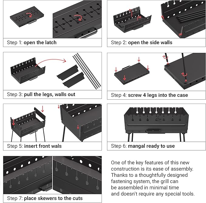 Charcoal Grill for 8 Skewers - Portable Barbecue 16.9"×11.8"×23.6" Kabob Camp Grills - Foldable Metal Mangal - Kebab Shish - BBQ for EDC Picnic Outdoor Cooking Camping Hiking (Skewers Not Included)
