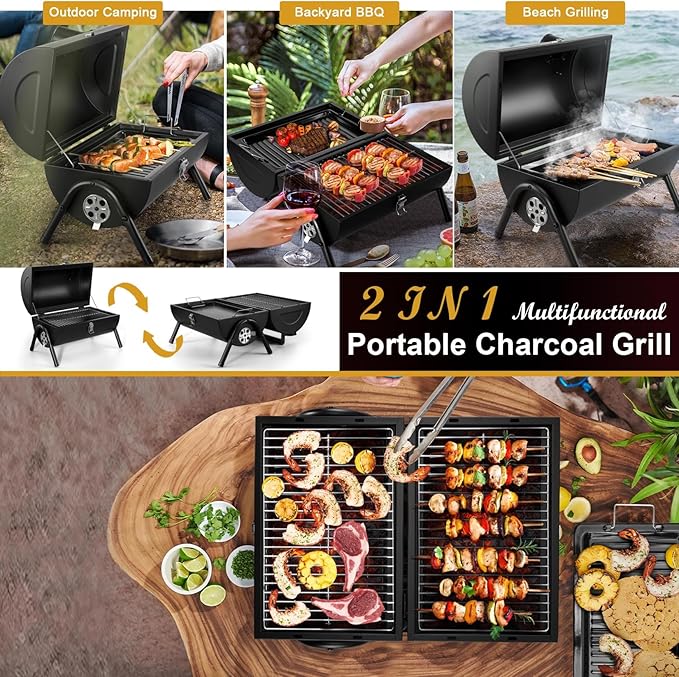 Joyfair Portable Charcoal Grill (2 IN 1 Double-Sided), Small Tabletop Barbecue Grill with Food Tray & Rack for Outdoor Camping Home Patio BBQ Grilling, Heavy Duty & Multi-use, Easy Assembly (230Sq.in)