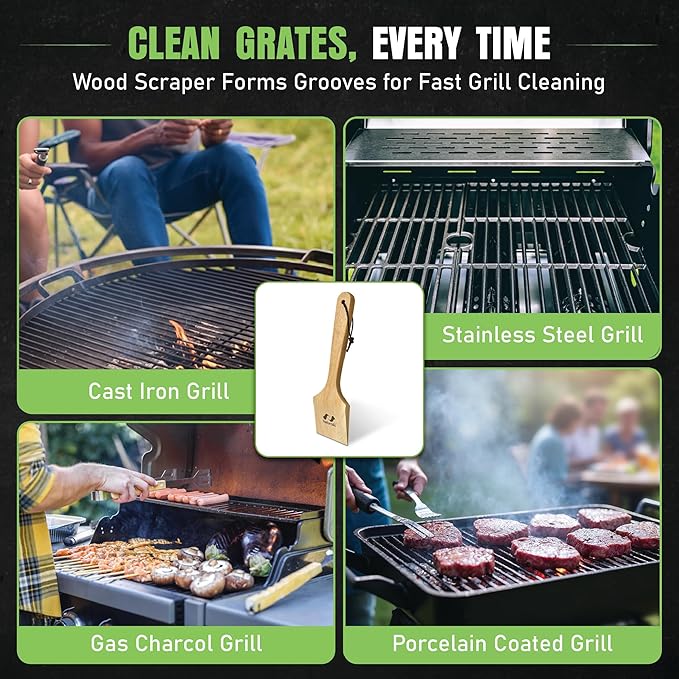 All-Natural Wooden Grill Scraper Tool 16" | Bristle-Free Grill Cleaner for Outdoor Grill | Eco-Friendly BBQ Cleaning Tool for Safe Grate Care