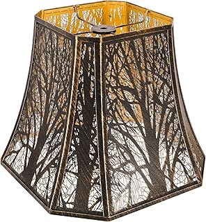 Square Cut Corner Metal Lamp Shades, 7" Top x 12" Bottom x 10.5" High Medium Bell Lampshade (Spider Fitter), Etched Forest Lampshades for Table Lamps and Floor Lamps, Bronze Gold Tree Pattern