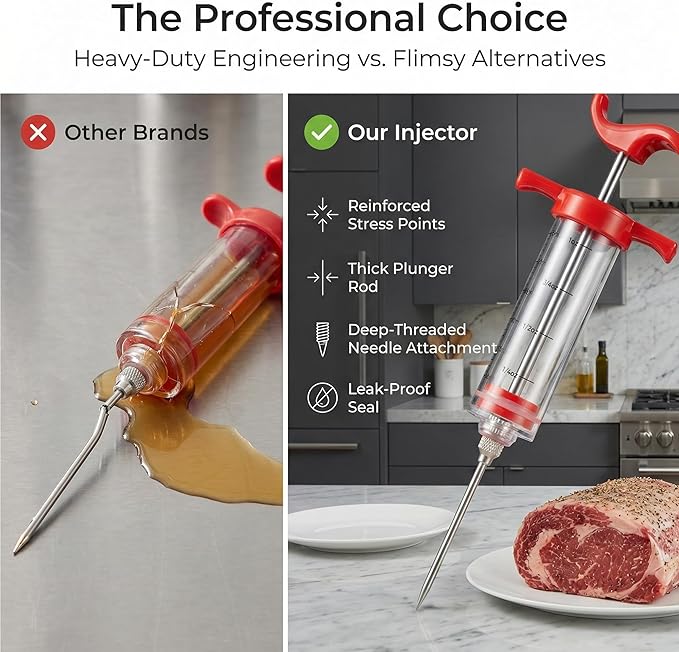 Li&Zhao Meat Injector Syringe Kit - 1-Oz Capacity with 3 Stainless Steel Needles, Cleaning Brush, Silicone Basting Brush-Essential Turkey Baster Syringe for Moisture-Infused BBQ, Smoked Meats, Pork