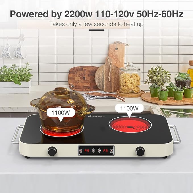 ANHANE 2200W Electric Cooktop 2 Burners: 12 Inch Portable Hot Plate Electric Stove Top - 110V/120V Double Burner Countertop with Timer, Knob Control, 9 Heating Levels, for All Cookware