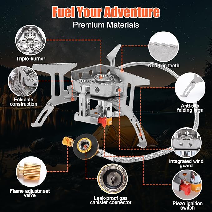 Windproof Camping Stove, Folding Stainless Steel Backpacking Cooking Picnic Stove with Aluminum Alloy, Compact and Portable for Outdoor Activities, Easy Setup with (5800W)