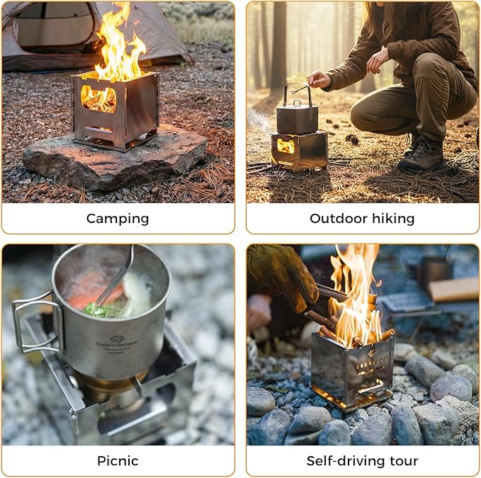 COOK'N'ESCAPE Portable Wood Burning Stove, Foldable Stainless Steel Camp Burner with Titanium Grill Plate and Ash Tray, Secondary Combustion Survival Gear for Hiking Outdoor Tent Camping Picnic BBQ