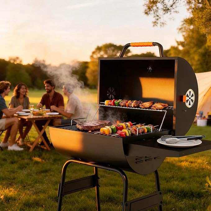 KEYO GRILL 20-Inch Barrel Charcoal Grill, Adjustable Vent Heavy-Duty Outdoor Barbecue Grill with Height Adjustable Charcoal Pan,Warming Rack Outdoor BBQ Grill for Backyard, Patio and Parties, Black