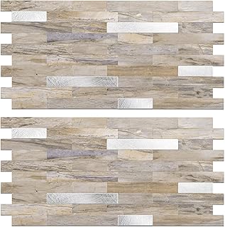 Peel and Stick Backsplash Tile Waterproof Removable PVC Wall Sticker 3D Faux Stone Marble Brick White Accent Panels (Gray - Yellow Stone - Metal Silver, 40 Tiles - 18 sq. ft. (1.68 m²))