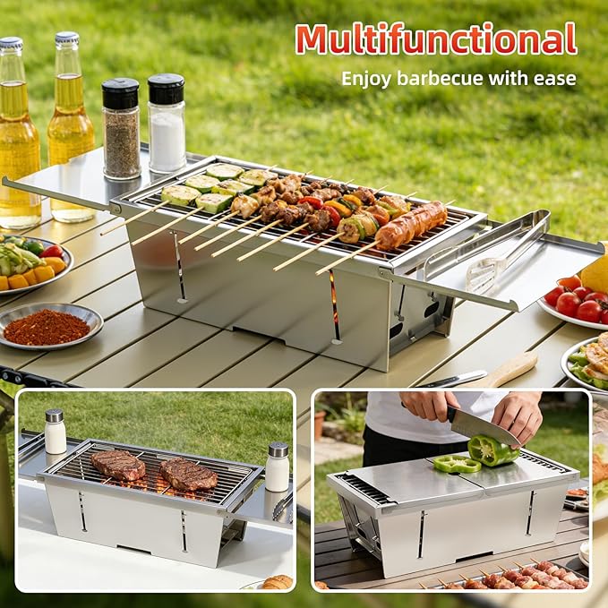 Uten Charcoal Grill, Stainless Steel Folding Portable Grill with Foldable Condiment Plates, Lightweight & Heat Resistant, Smoker BBQ for Camping, Tailgating, Picnics, Beach Barbecues(17.3" x 8.7")
