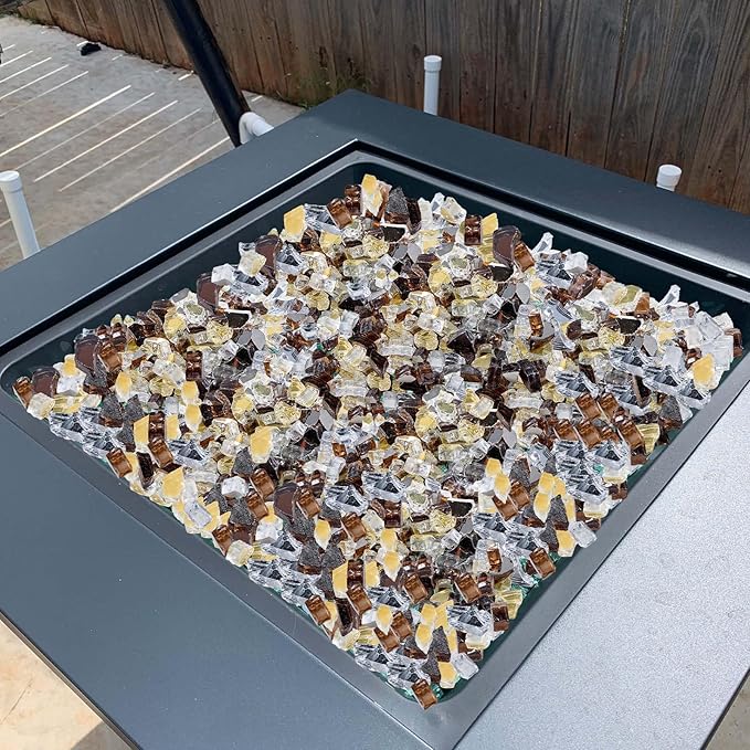 VEVOR Fire Glass, 10 lbs, Copper + Clear + Gold, 1/2 Inch High-Temperature Resistant Reflective Glass Rocks, Smokeless Fire Pit Stones for Outdoor Table & Landscaping