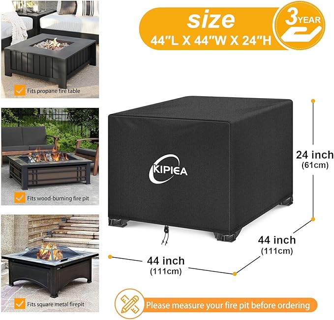 Kipiea Square Fire Pit Cover - Upgraded 600D Strong Tear Resistant, 100% Waterproof Fire Pit Table Cover, UPF 50+ Outdoor Firepit Cover Square Fading Resistant, 44" L x 44" W x 24" H