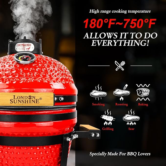 London Sunshine Ceramic BBQ Charcoal Kamado Grill 13 inch Portable Tabletop BBQ Grill Red