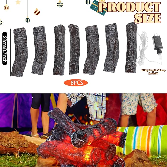 Tuanse 8 Pcs 8.7 in Flameless Fake Fire Log Spring Summer Beach Camping Themed Party Decorations Fake Campfire Battery Operated Artificial Fire Pit for 4th of July Easter Party Decor