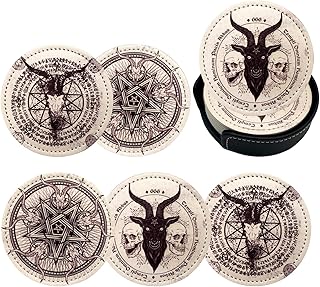 Satan Goat Skull Coasters for Drinks with Holder Leather Coasters Set of 6 for Coffee Table