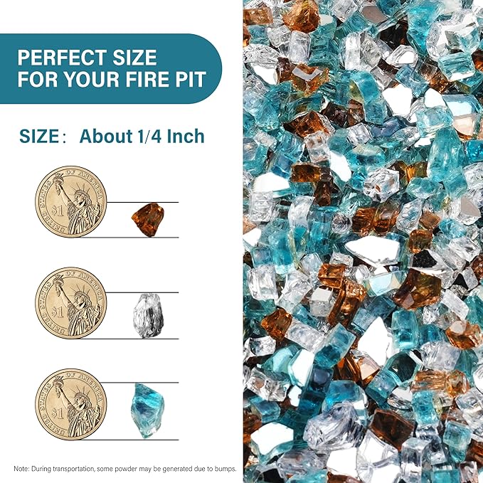 NUPICK 5 Pound Fire Glass, 1/4 Inch Reflective Fire Pit Glass, Tempered Firepit Glass Rock for Propane or Natural Gas, Glass Rocks for Fire Pit Table or Fireplace, Aqua Blue & Copper & Platinum Mix