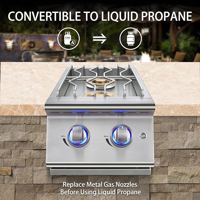 Double Grilling Side Burners for Outdoor Kitchen, 2 * 17,000BTU Nature Gas Burners, Convertible to Liquid Propane, Duty Heavy 304 Stainless Steel, Built-in Side Burner for BBQ Island Grill