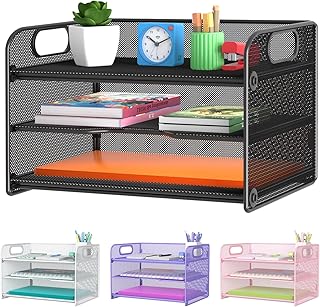 Samstar 3 Tier Letter Tray Paper Organizer with Handle, Mesh Desk Organizer Paper Sorter File Rack Shelves, Black