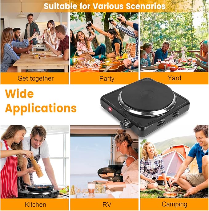 7” Electric Single Burner, 1500W Portable Stainless Steel Countertop Hot Plate Stove Cooktop with Non Slip Rubber Feet for RV/Home/Camp, 5 Temperature Adjustments