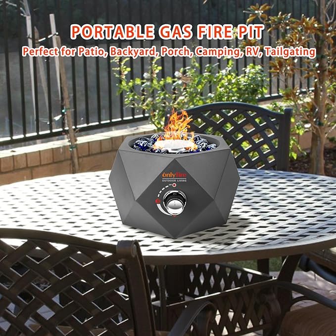 ONLYFIRE OUTDOOR LIVING 14” Modern Tabletop Fire Pit for Table with Umbrella Hole, Portable Gas Firepit for 1lb Propane Gas, Patio Backyard Porch Camping RV Tailgating, Bottom-Mounted FP003