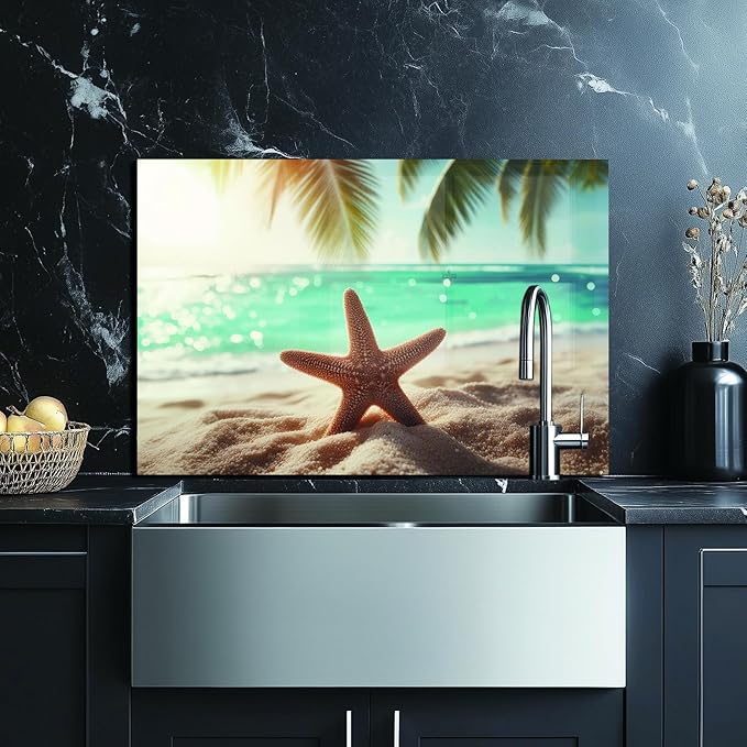 Evgosm Tempered Glass Backsplash for Kitchen， Stove Splashback, beach Glass Backsplash, Used for Kitchen Wall Protection and Decoration, Easy to Install and Clean. (30x20'')