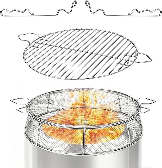 Fire Pit Spark Shield Cover & Cooking Grate for Solo Stove Bonfire 19.5 Inch, 304 Stainless Steel Fire Pit Accessories with Stand & 2 Guide Sticks, All-in-One Lid, Spark Screen and Grill Grate