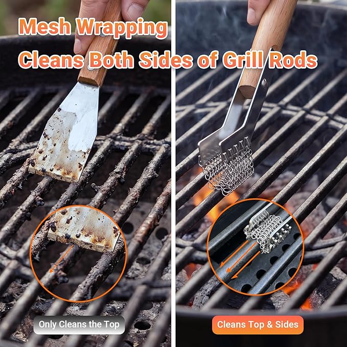 House Again Grill Scraper, Mesh Ring Grill Brush for Wire Grates & Rod Grates, Safe Barbecue Scraper with Long Wooden Handle for Outdoor BBQ & Camping-Griller Gifts for Men